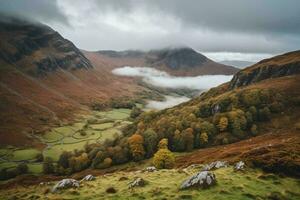 ai generato nebbioso montagna valle con autunno alberi foto