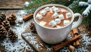 ai generato caldo cioccolato con marshmellow nel inverno foto