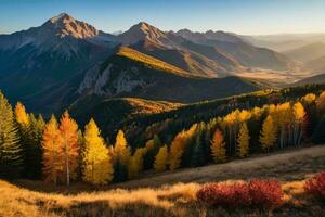 ai generato autunno montagne a Alba foto