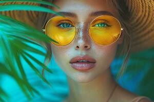 ai generato travolgente vicino su di un' giovane donna indossare riflessivo occhiali da sole circondato di lussureggiante verde fogliame creato con generativo ai tecnologia foto