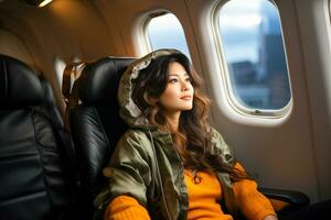 ai generato asiatico giovane femmina viaggiatore seduta di un' finestra guardare su il finestra su un aereo durante un' volo. foto