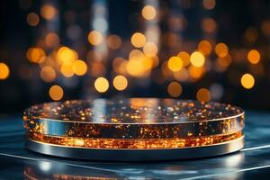 ai generato d'oro piedistallo su un' buio sfondo con un' bokeh effetto. foto