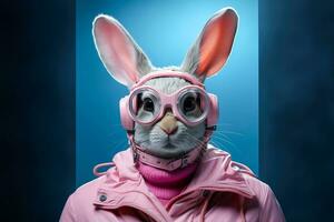ai generato elegante e freddo lepre o coniglio con rosa giacca su blu sfondo. foto