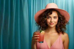 ai generato ritratto di un' bellissima donna indossare un' rosa cappello e Tenere un' cocktail su un' blu sfondo. foto