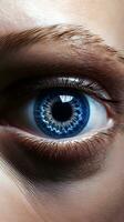 ai generato avvicinamento di bellissimo blu femmina occhio. macro tiro di umano occhio foto