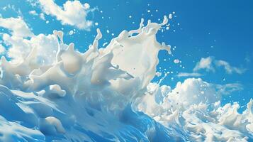 ai generato spruzzo di latte su blu cielo sfondo foto