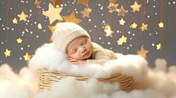 ai generato ritratto di un' carino neonato bambino addormentato nel un' accogliente nido su un' sfondo con stelle. ai generato illustrazione. foto