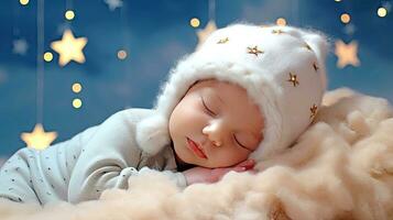 ai generato carino addormentato bambino nel un' divertente cappello su un' stellato cielo sfondo. ai generato illustrazione. foto