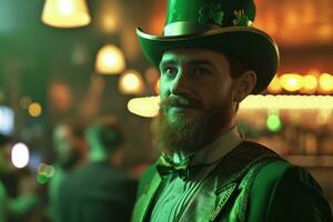 ai generato st. Patrick giorno festa divertimento indossare uomo nel un' verde completo da uomo e cappello nel bar interno. foto