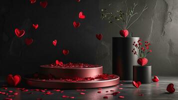 ai generato vuoto piedistallo o podio e a forma di cuore decorazione e rosso petali. composizione per il tuo prodotti per st. San Valentino giorno. foto
