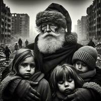 ai generato un' triste padre Natale è in piedi con bambini tra il rovine di un' città nel guerra. fermare tutti guerre concetto. foto