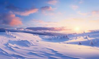 ai generato un' sereno inverno paesaggio con indisturbato neve sotto un' crepuscolo cielo con occhiali da sole di rosa e arancia foto