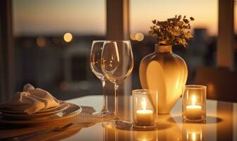 ai generato romantico cena con Due bicchieri di rosso vino su di legno tavolo decorato con cuori e candele foto