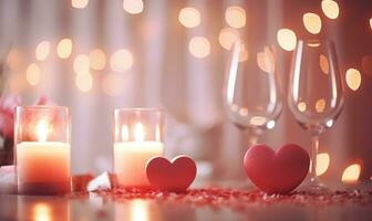 ai generato ardente candele nel camera decorato per San Valentino giorno, avvicinamento foto