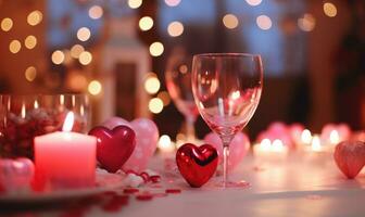 ai generato San Valentino giorno sfondo con Due bicchieri di vino, candele e cuori foto