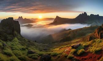 ai generato nebbioso Alba nel il montagne. colorato estate paesaggio. foto