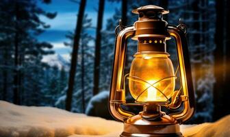 ai generato Vintage ▾ cherosene lampada su neve nel inverno foresta. viaggio concetto. foto
