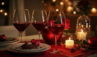 ai generato romantico cena con tre bicchieri di rosso vino su di legno tavolo decorato con cuori e candele foto