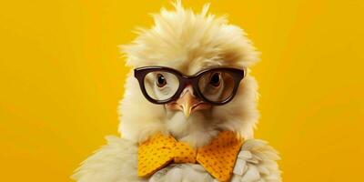 ai generato carino e divertente pollo indossare bicchieri e casuale vestito. generativo ai foto