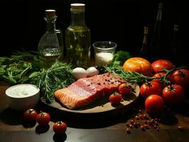 ai generato preparativi di crudo carne, latte, uova, e verdure su nero sfondo. generativo ai foto