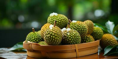 ai generato avvicinamento di fresco durian frutta. durian nel un' cestino. generativo ai foto