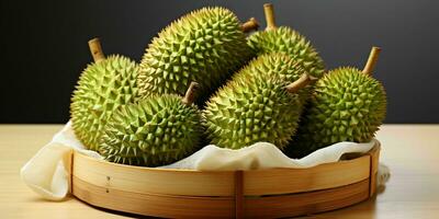 ai generato avvicinamento di fresco durian frutta. durian nel un' cestino. generativo ai foto