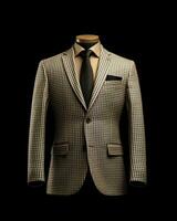 ai generato elegante beige Uomini completo da uomo con percalle motivo isolato su nero sfondo. generativo ai foto