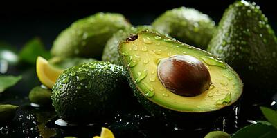 ai generato fresco avocado con acqua goccioline su nero sfondo. generativo ai foto