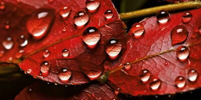 ai generato fresco rosso le foglie con acqua goccioline. vicino su di foglia con gocce di pioggia. generativo ai foto