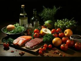 ai generato preparativi di crudo carne, latte, uova, e verdure su nero sfondo. generativo ai foto