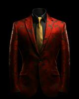 ai generato lusso e elegante rosso Uomini completo da uomo con astratto motivo isolato su nero sfondo. generativo ai foto