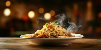 ai generato delizioso fritte spaghetto con fumoso effetto su un' di legno tavolo. generativo ai foto