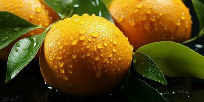 ai generato fresco arance con acqua goccioline isolato su un' nero sfondo. generativo ai foto