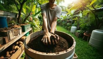 ai generato un' largo avvicinamento foto raffigura un' persona di asiatico discesa impegnato nel il atto di svolta concime nel un' verde Giardino dietro la casa ambientazione.