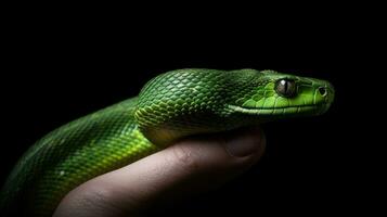 ai generato mano Tenere un' verde serpente, isolato nero sfondo foto