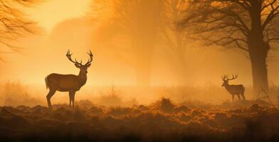 ai generato potente rosso cervo in piedi nel il foresta con denso nebbia nel il mattina, autunno tema foto