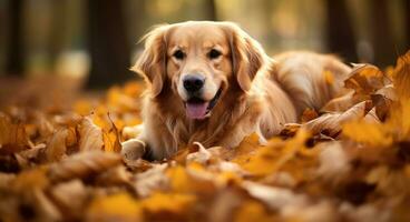 ai generato d'oro cane da riporto cane seduta su un' mucchio di asciutto acero foglie, autunno tema concetto foto