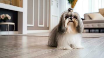 ai generato carino giovane shih tzu cane con lungo capelli seduta su il camera e guardare a telecamera foto