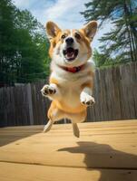 ai generato carino pembroke gallese corgi cane salto nel il Giardino dietro la casa su un' soleggiato giorno di fronte il telecamera foto