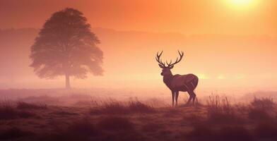 ai generato potente rosso cervo in piedi nel il savana con denso nebbia nel il mattina, autunno tema foto