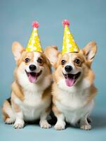 ai generato carino pembroke gallese corgi cane indossare compleanno cappello in piedi di fronte il telecamera foto