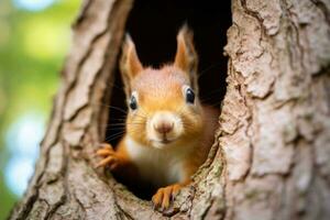 ai generato un' carino scoiattolo sbircia su di un' albero buco foto