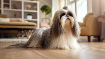 ai generato carino giovane shih tzu cane con lungo capelli seduta su il camera e guardare a telecamera foto