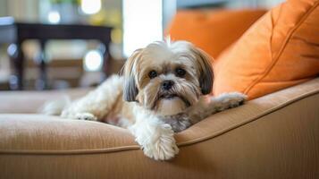 ai generato carino giovane shih tzu cane seduta su divano e guardare a telecamera foto