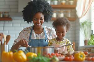 ai generato un' madre cucinando a un' cucina per sua bambini foto