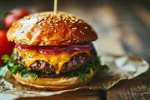 ai generato cibo fotografia di un' hamburger al formaggio con copia spazio foto