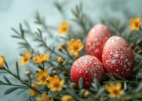 ai generato decorato uovo su un' sfocato sfondo con copia spazio Pasqua concetto foto