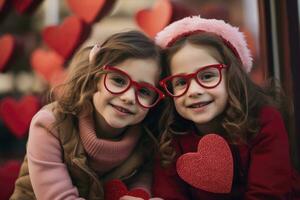 ai generato Due poco ragazze indossare rosa cuore occhiali. generativo ai foto