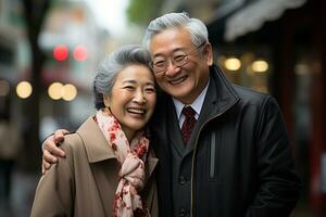 ai generato ritratto di più vecchio asiatico coppia a un' parco foto