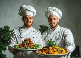 ai generato chef sorridente e felicemente mostrando loro prelibatezze foto